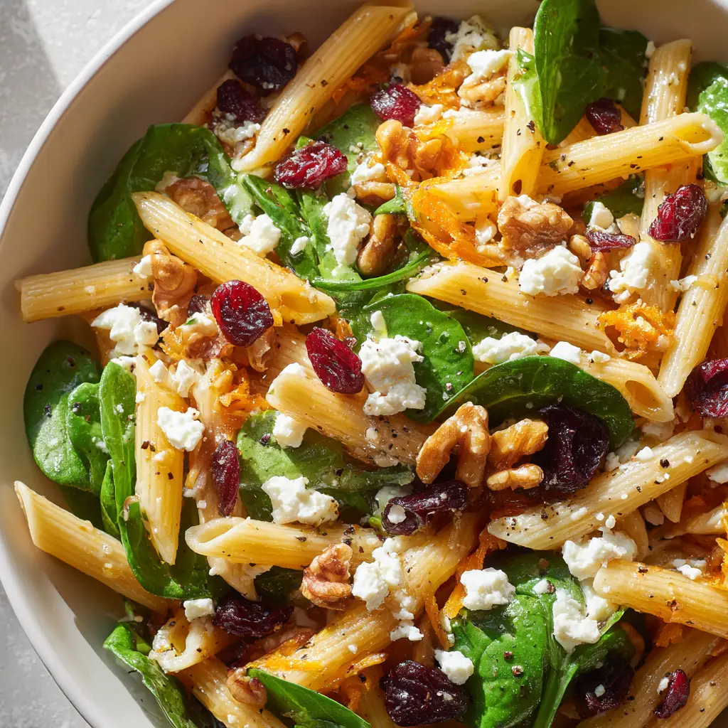 A large serving bowl filled with Cranberry Feta Pasta Salad, showing the creamy dressing coating the pasta and mix-ins.