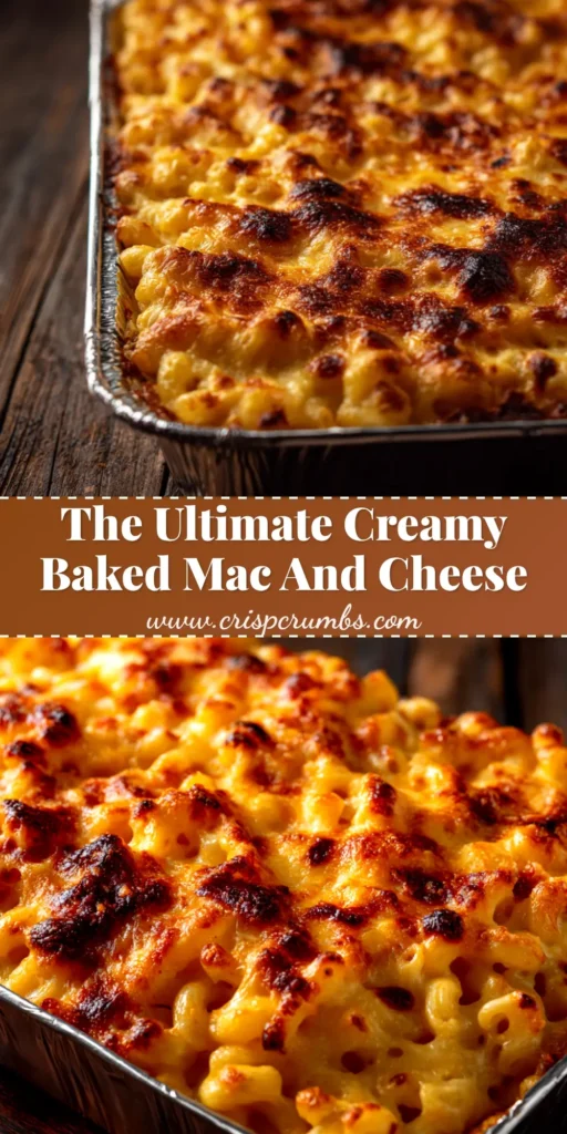 A close-up shot of creamy baked mac and cheese in a casserole dish, topped with golden-brown breadcrumbs. The ultimate comfort food recipe.