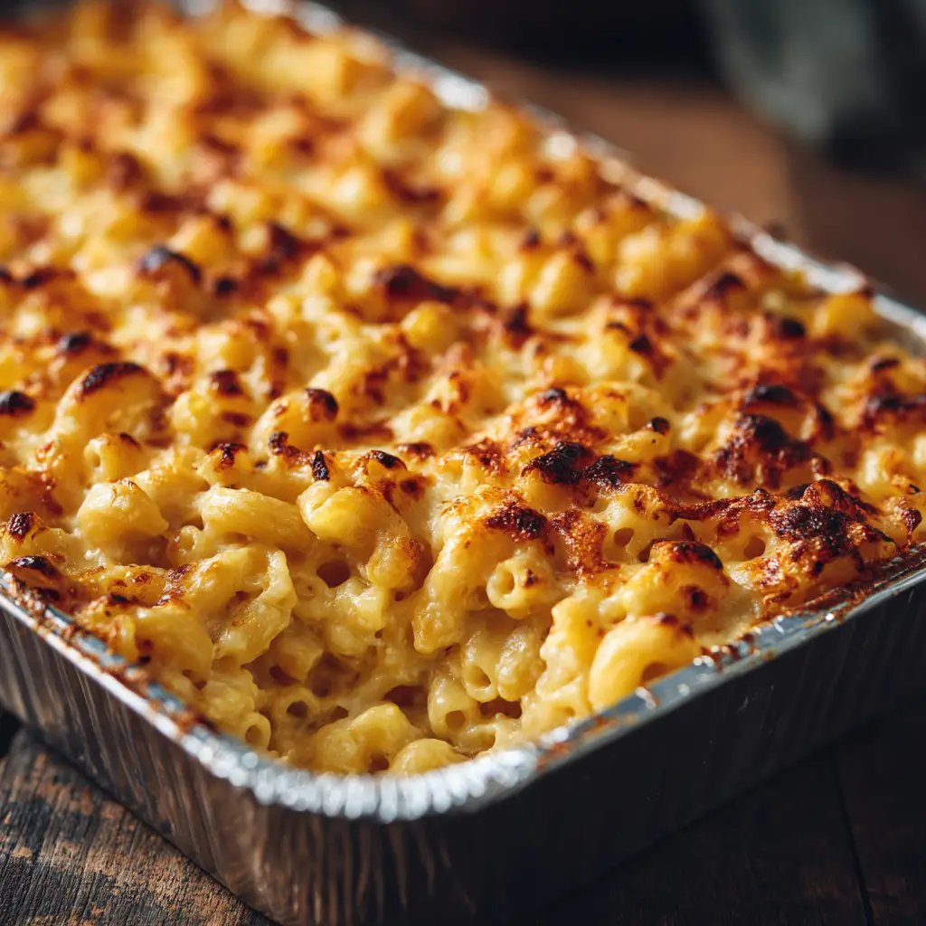 A spoonful of creamy mac and cheese being lifted, showing the rich, velvety cheese sauce stretching from the spoon.