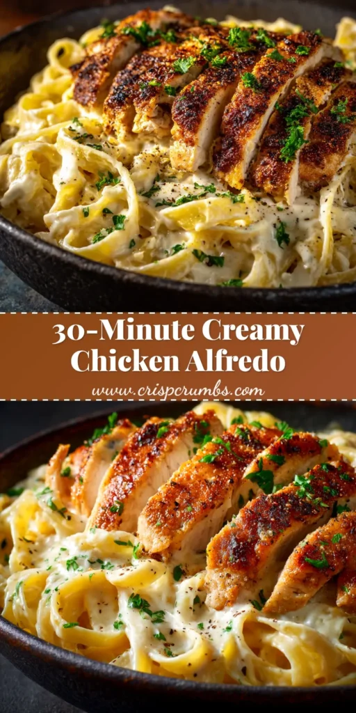 Chicken Alfredo Recipe: The Ultimate Creamy & Easy Dinner 3 An overhead shot of the best Chicken Alfredo Recipe in a white bowl, showing creamy sauce, sliced chicken, and a garnish of parsley. The title 'Creamy Chicken Alfredo' is written on the image.