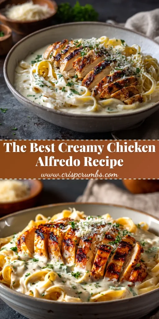 An overhead shot of the finished Creamy Chicken Alfredo Recipe in a white bowl, garnished with fresh parsley and parmesan cheese.