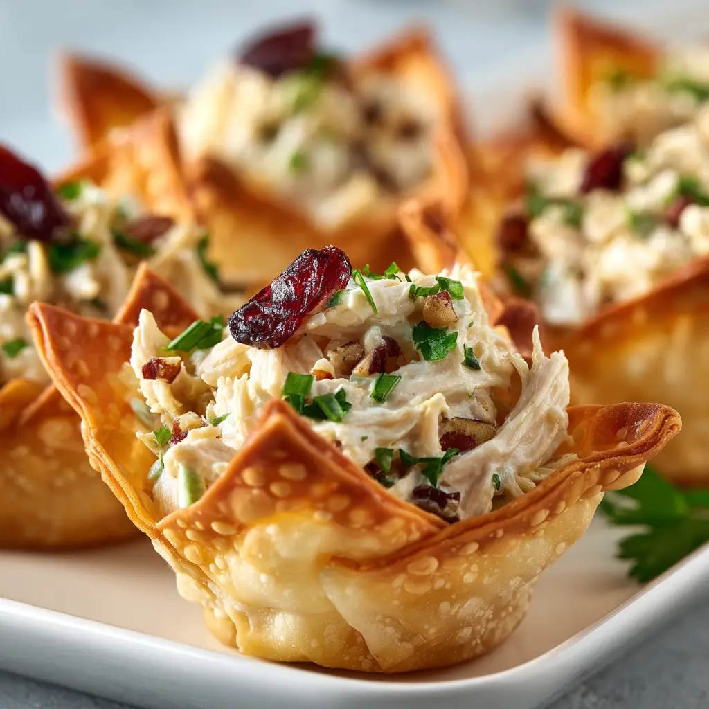 Chicken Salad Wonton Cups (The Perfect 30-Minute Appetizer) 1 A shot of the creamy chicken salad being mixed in a bowl before being added to the baked wonton cups.