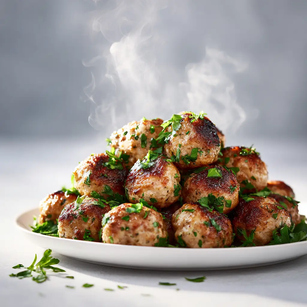 Garlic Parmesan Chicken Meatballs (The Only Recipe You'll Ever Need) 1 A skillet showing creamy garlic parmesan chicken meatballs being gently tossed in the savory white sauce, garnished with herbs.