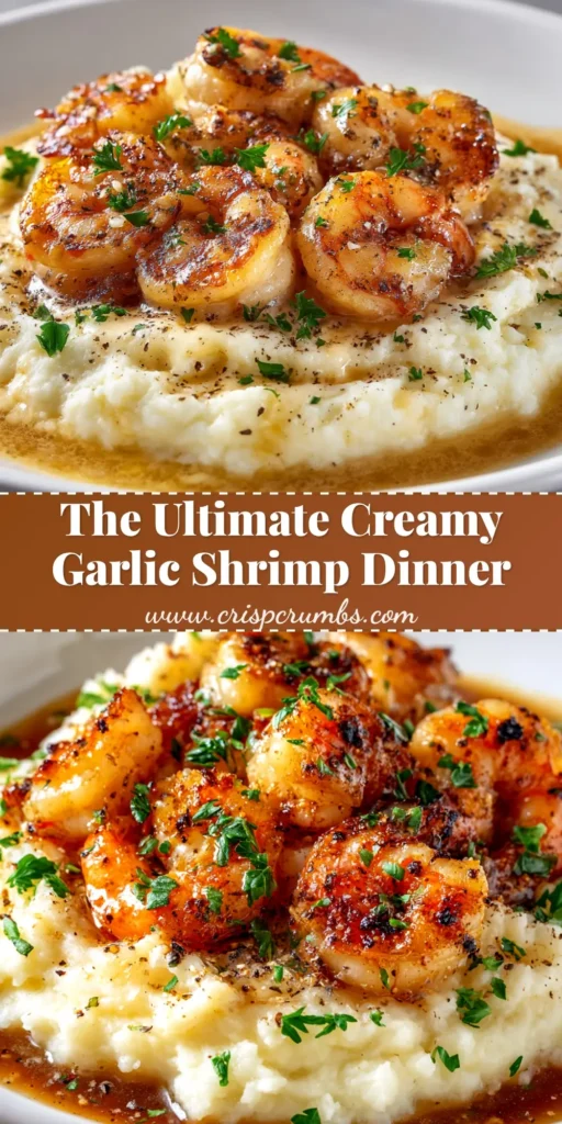 A stunning overhead shot of Creamy Garlic Shrimp in a skillet, garnished with fresh parsley. The title reads 'The Best Creamy Garlic Shrimp Recipe - Ready in 20 Minutes'.