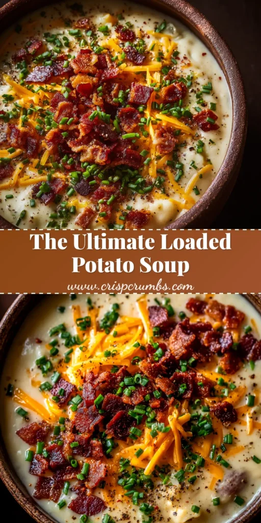 Loaded Potato Soup: The Ultimate Creamy & Comforting Recipe 4 A cozy bowl of creamy loaded potato soup topped with shredded cheddar cheese, crispy bacon, and fresh chives. A spoon is resting in the bowl, ready to eat.