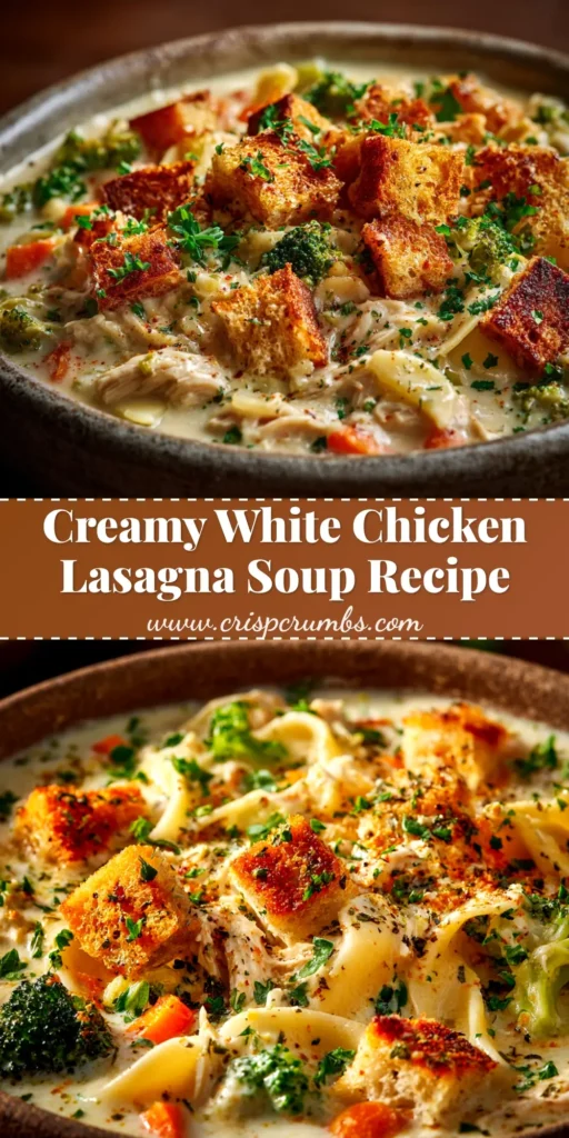 A bowl of creamy white chicken lasagna soup, garnished with fresh parsley and a dollop of ricotta cheese. The perfect one-pot comfort meal.