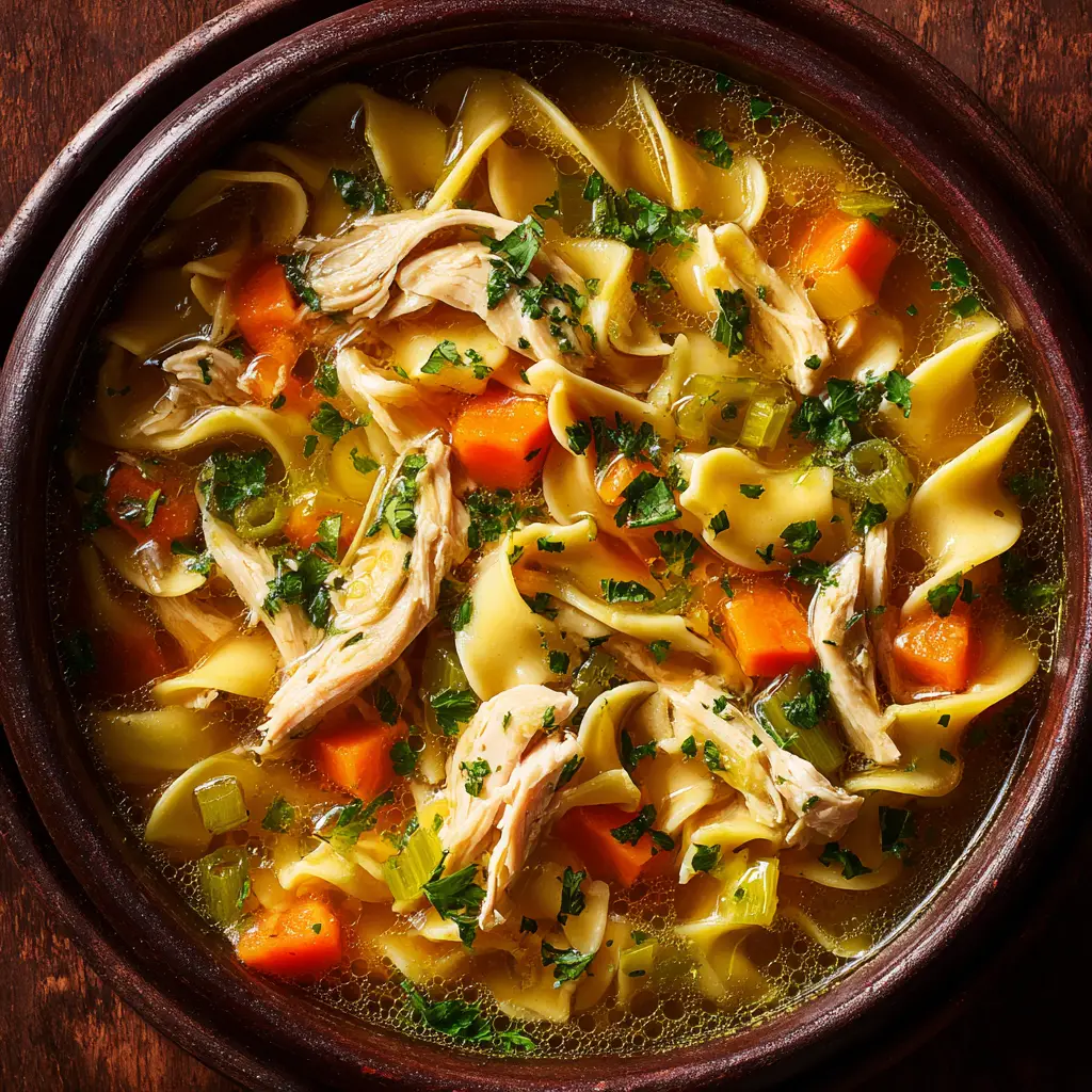A bowl of easy chicken noodle soup garnished with fresh parsley, ready to be served.