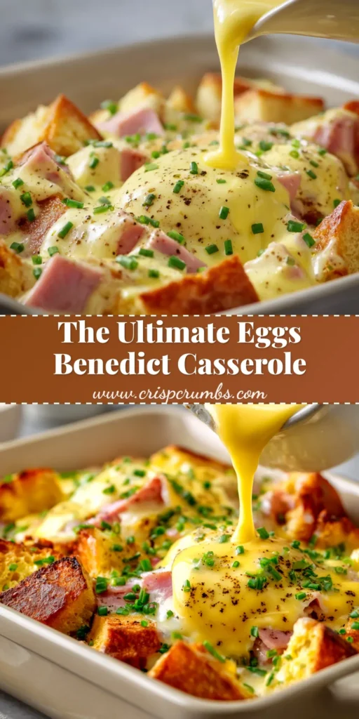 A slice of golden-brown Eggs Benedict Casserole on a white plate, drizzled with creamy Hollandaise sauce and garnished with fresh chives.