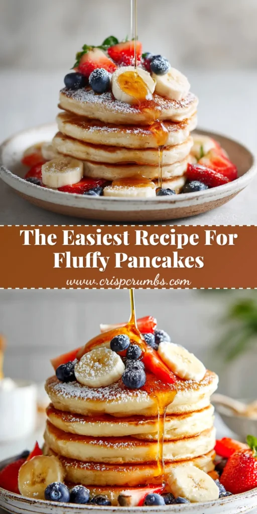 A beautiful tall stack of thick, golden-brown pancakes from a fluffy pancake recipe, topped with a pat of melting butter and drizzled with maple syrup.
