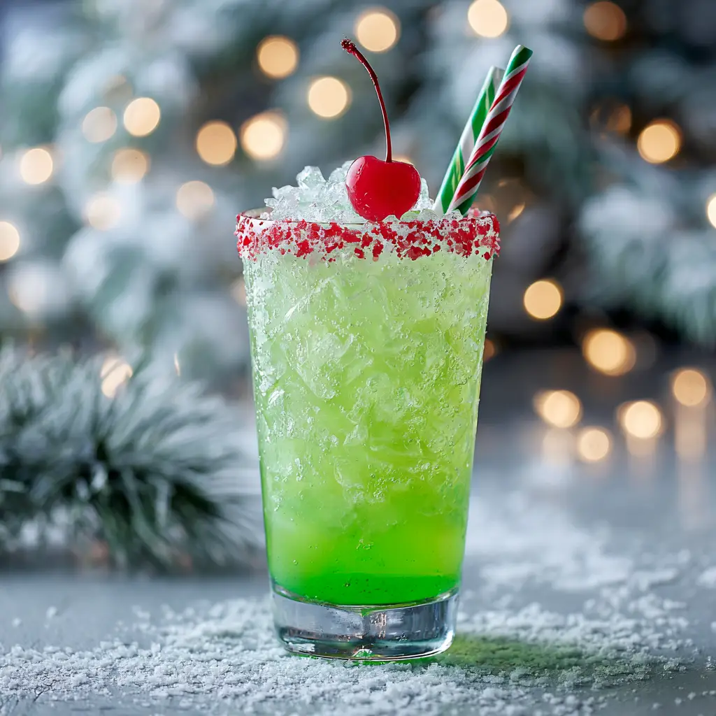Grinch Cocktail (The Best Festive Recipe!) 1 A close-up of a finished Grinch Cocktail in a martini glass, focusing on the red sanding sugar rim and the single cherry garnish inside.