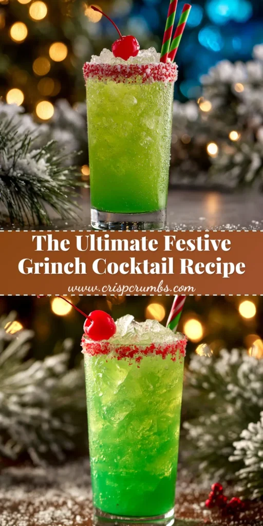Grinch Cocktail (The Best Festive Recipe!) 3 A vibrant green Grinch Cocktail in a coupe glass with a red sugar rim and a cherry 'heart' garnish, ready for a holiday party.