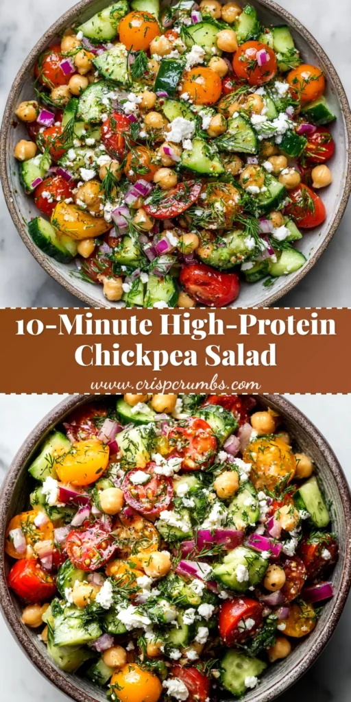 High-Protein Chickpea Salad (The Ultimate Recipe) 3 A vibrant high-protein chickpea salad in a white bowl, perfect for a healthy lunch. Topped with fresh dill.