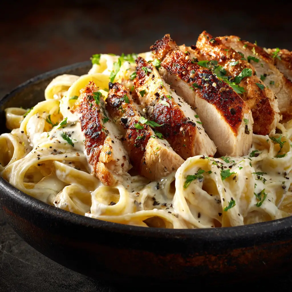 Chicken Alfredo Recipe: The Ultimate Creamy & Easy Dinner 1 A beautiful serving of the homemade chicken alfredo recipe in a rustic bowl, garnished with fresh parsley and parmesan cheese.