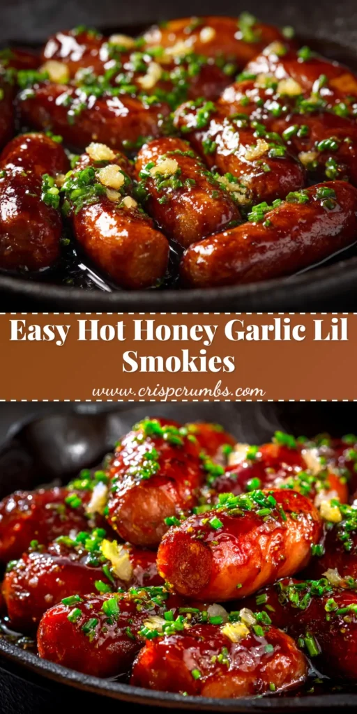 Hot Honey Garlic Lil Smokies (The Ultimate Party Appetizer) 3 A shareable pin image of Hot Honey Garlic Lil Smokies in a white bowl with text overlay for Pinterest.