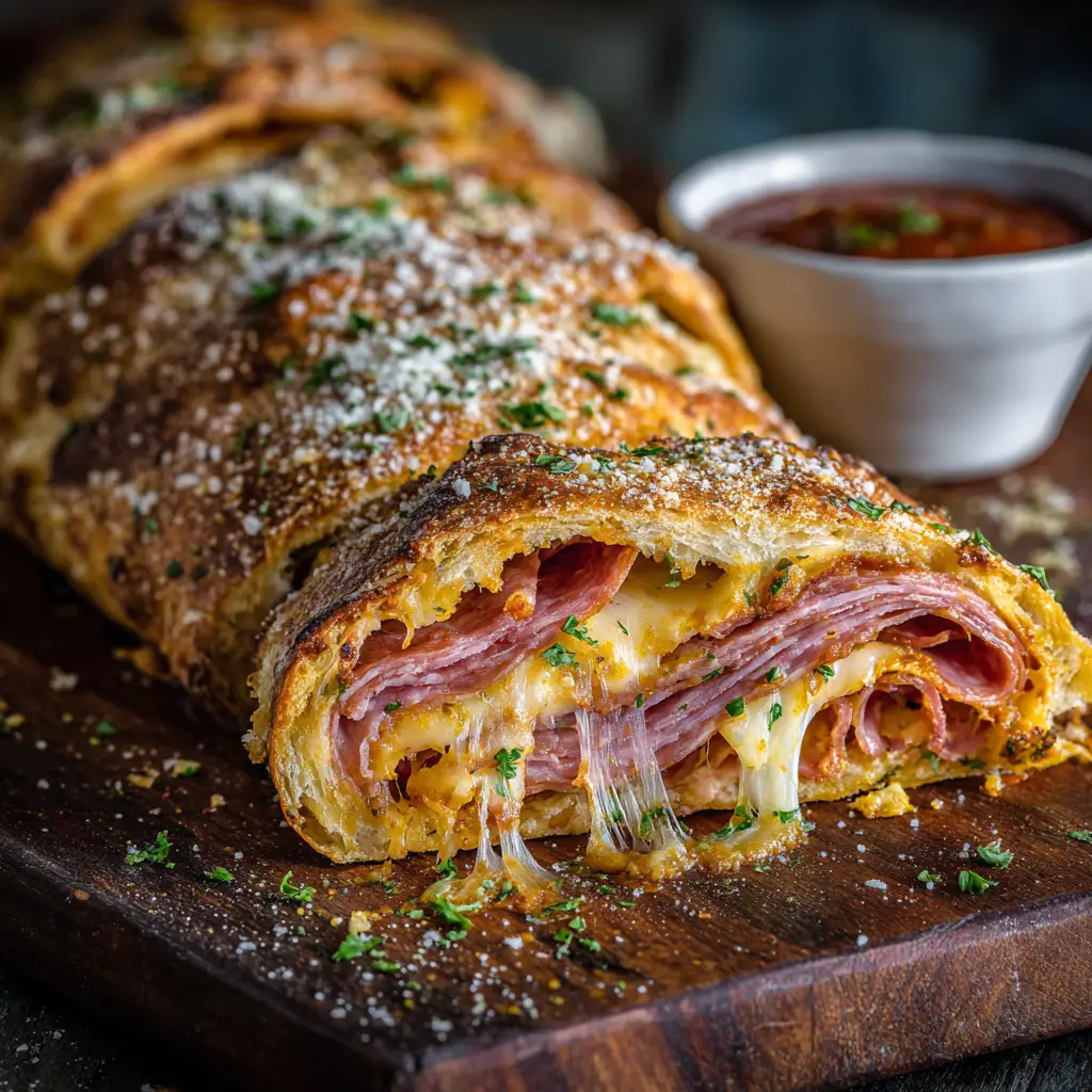 A slice of Italian stromboli being served, with cheese stretching from the main log, highlighting the gooey, melted cheese filling.