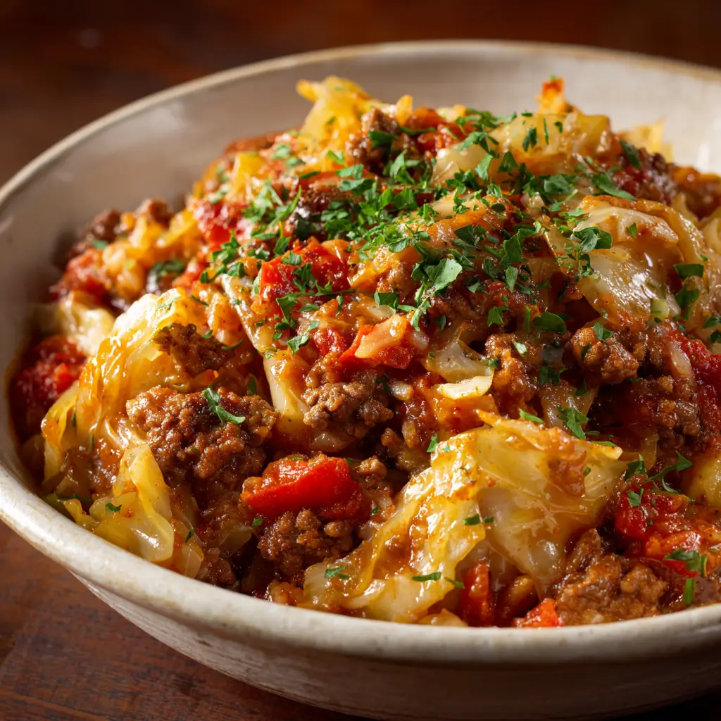 Crockpot Cabbage Roll Casserole: The Ultimate Comfort Food 1 A spoonful of the finished lazy cabbage roll casserole, showing the tender cabbage and savory meat sauce ready to be eaten.
