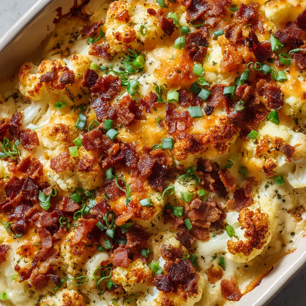 Bacon Cauliflower Cheese Bake (The BEST Low-Carb Recipe!) 1 A serving of the loaded cauliflower bake on a plate, ready to be eaten. A fork is lifting a piece, showing the gooey cheese.