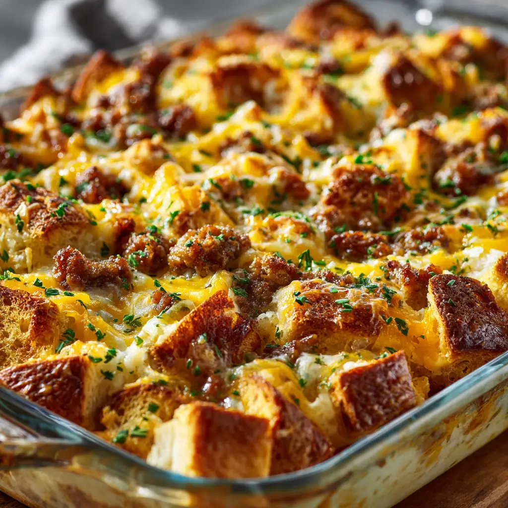 Overnight Croissant Breakfast Casserole: The Ultimate Make-Ahead Brunch 1 A slice of the make-ahead breakfast casserole on a plate, highlighting the layers of sausage, egg, and croissant.