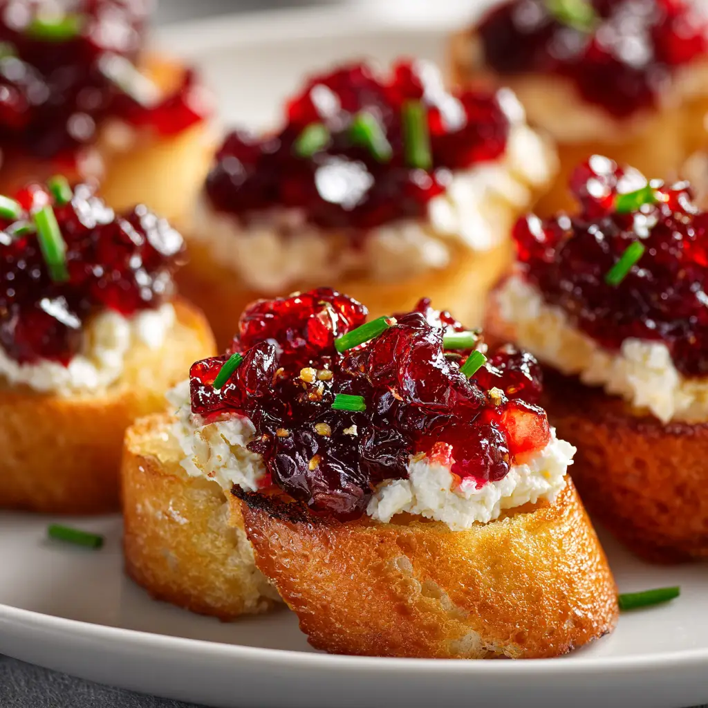 Assembling the spicy cranberry appetizer by spreading cream cheese on toasted baguette slices.