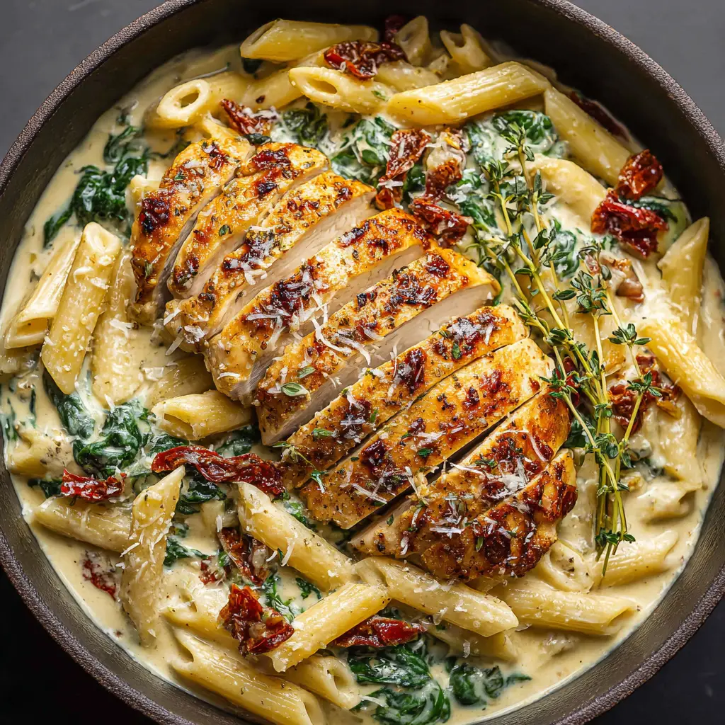 Marry Me Chicken Pasta: The Ultimate Creamy Recipe 1 A step-by-step process shot of the creamy sauce for Marry Me Chicken Pasta being mixed in a black skillet, with chicken and pasta ready to be added.