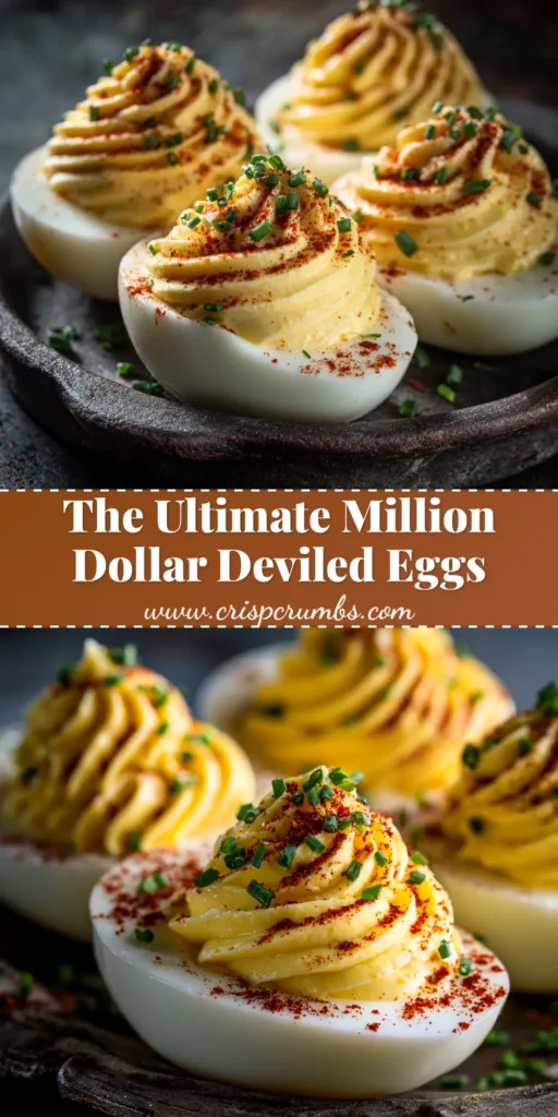 Million Dollar Deviled Eggs (The Only Recipe You'll Ever Need) 3 A platter of Million Dollar Deviled Eggs garnished with paprika and chives, showcasing their creamy, perfectly piped filling. The ultimate appetizer recipe.