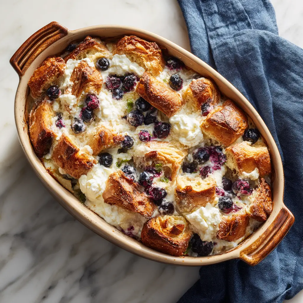 A close-up slice of the overnight croissant bake on a white plate, revealing the creamy custard-soaked layers and pockets of blueberry and cream cheese.