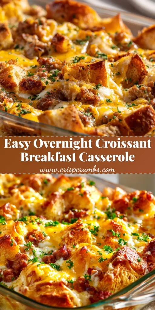 A beautiful golden-brown Overnight Croissant Breakfast Casserole in a white baking dish, ready to be served for a delicious holiday brunch.