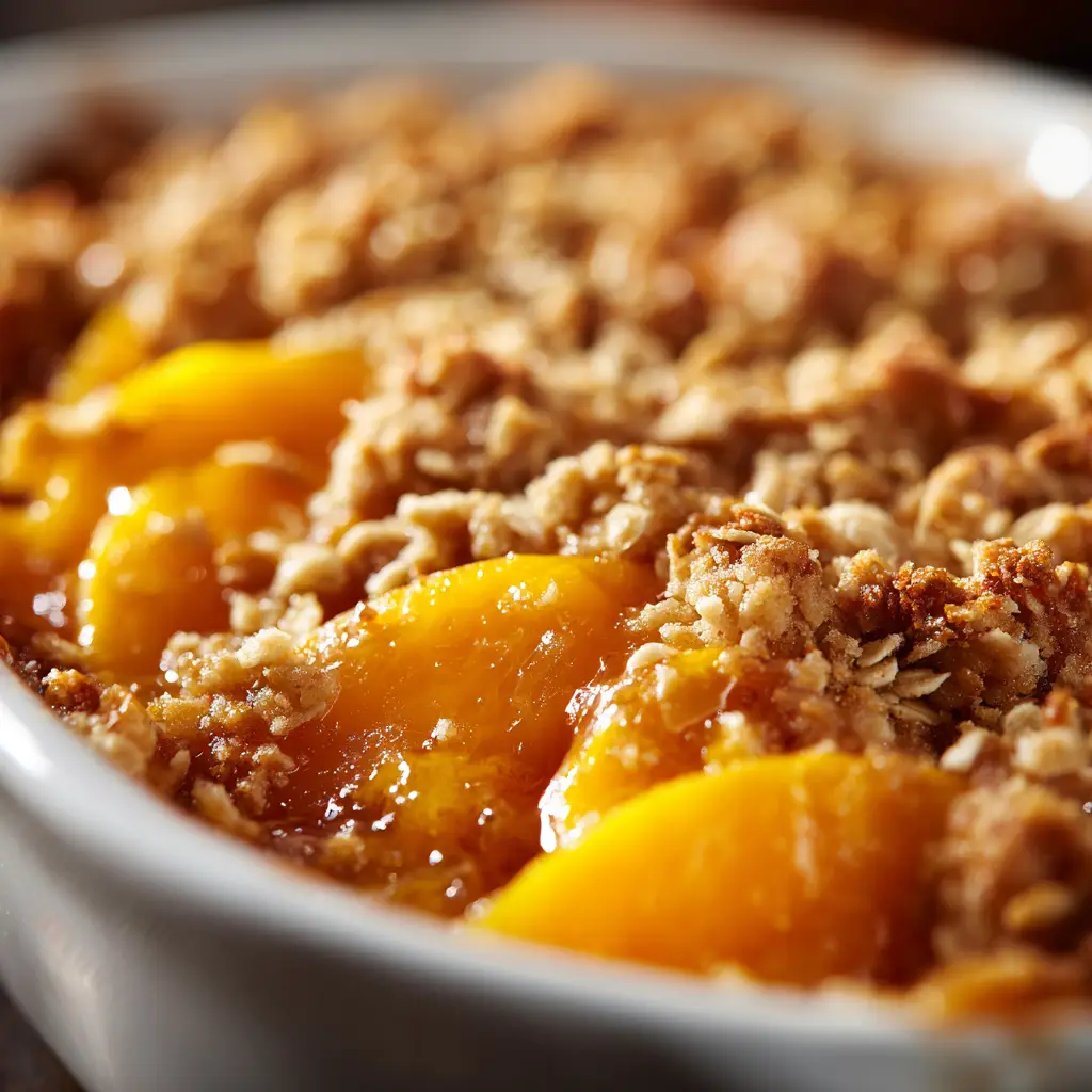 A spoonful of warm peach cobbler filling, showing the juicy, tender baked peaches.