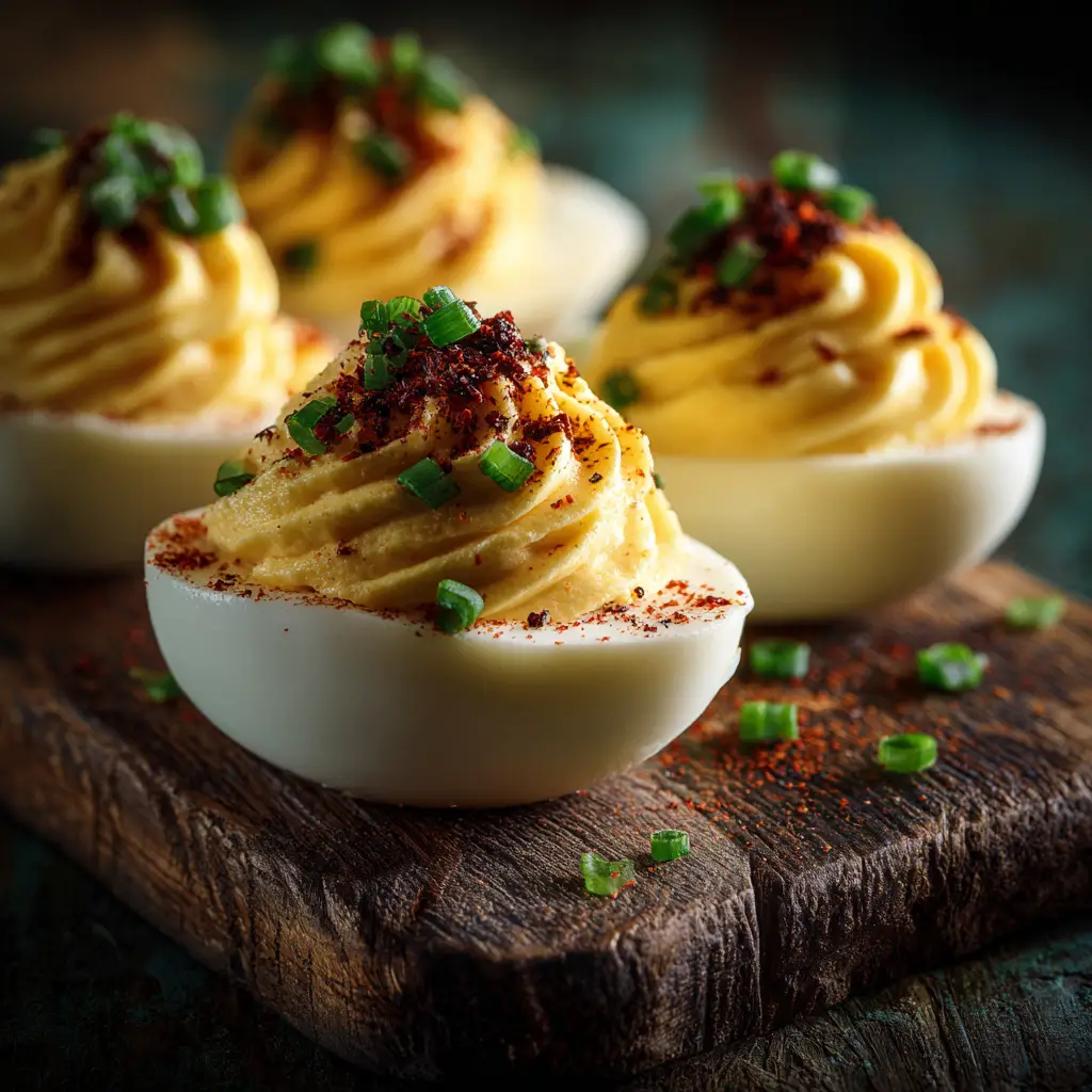 Million Dollar Deviled Eggs (The Only Recipe You'll Ever Need) 1 A platter of finished Million Dollar Deviled Eggs ready to be served, garnished with fresh chives and a dusting of smoked paprika.