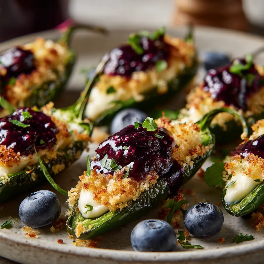 Several blueberry brie jalapeño poppers arranged on a serving dish before being garnished, emphasizing the bacon-wrapped exterior.