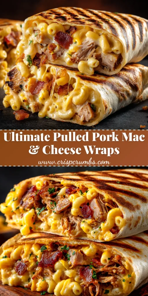 A shareable pin image showing three delicious Pulled Pork Mac & Cheese Wraps stacked with text overlay for Pinterest.