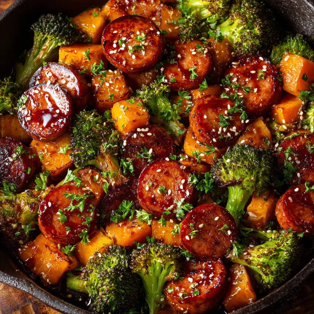 A close-up view of the roasted honey garlic sausage and sweet potato, showing the caramelized glaze on the sausage and tender sweet potatoes.