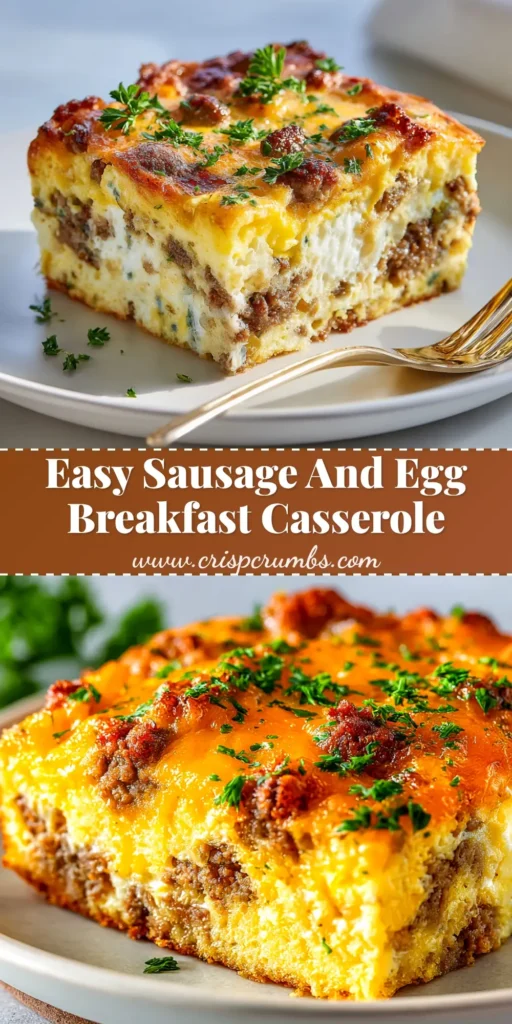 Sausage and Egg Casserole: The Ultimate Make-Ahead Breakfast 3 A delicious and easy sausage and egg casserole recipe, shown in a white baking dish with a slice taken out. The perfect make-ahead breakfast bake.