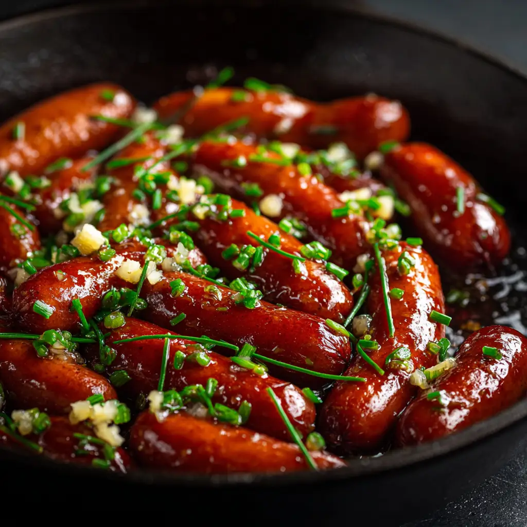 Hot Honey Garlic Lil Smokies (The Ultimate Party Appetizer) 1 A serving bowl filled with sweet and spicy crockpot lil smokies, garnished with fresh green onions.