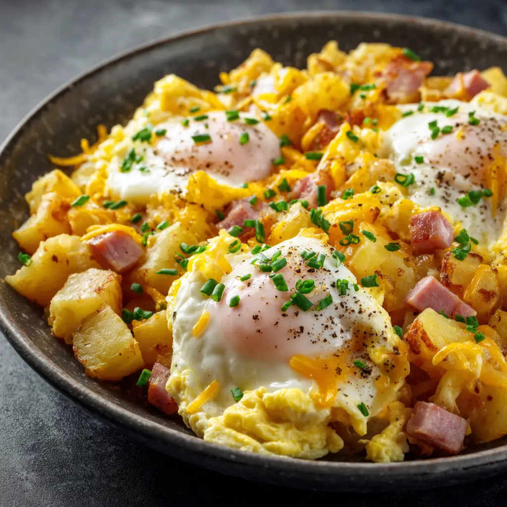 Cheesy Potato Egg Scramble (The Ultimate One-Pan Breakfast) 1 A spoonful of the cheesy potato egg scramble being lifted from the skillet, showcasing the delicious combination of ingredients in this hearty breakfast recipe.