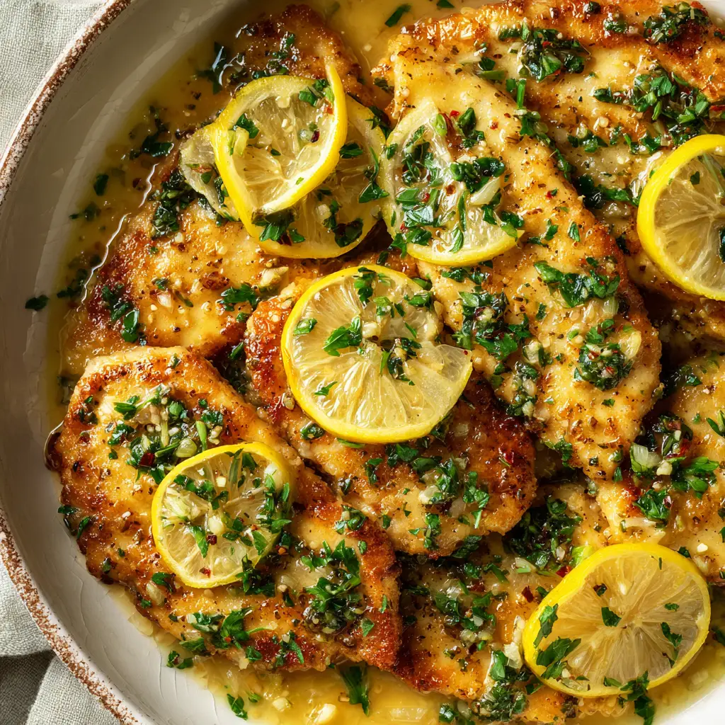 Chicken Francese Recipe (The BEST Silky Lemon Sauce!) 1 Another overhead perspective of the finished Chicken Francese, garnished with lemon slices and parsley, ready to be served.
