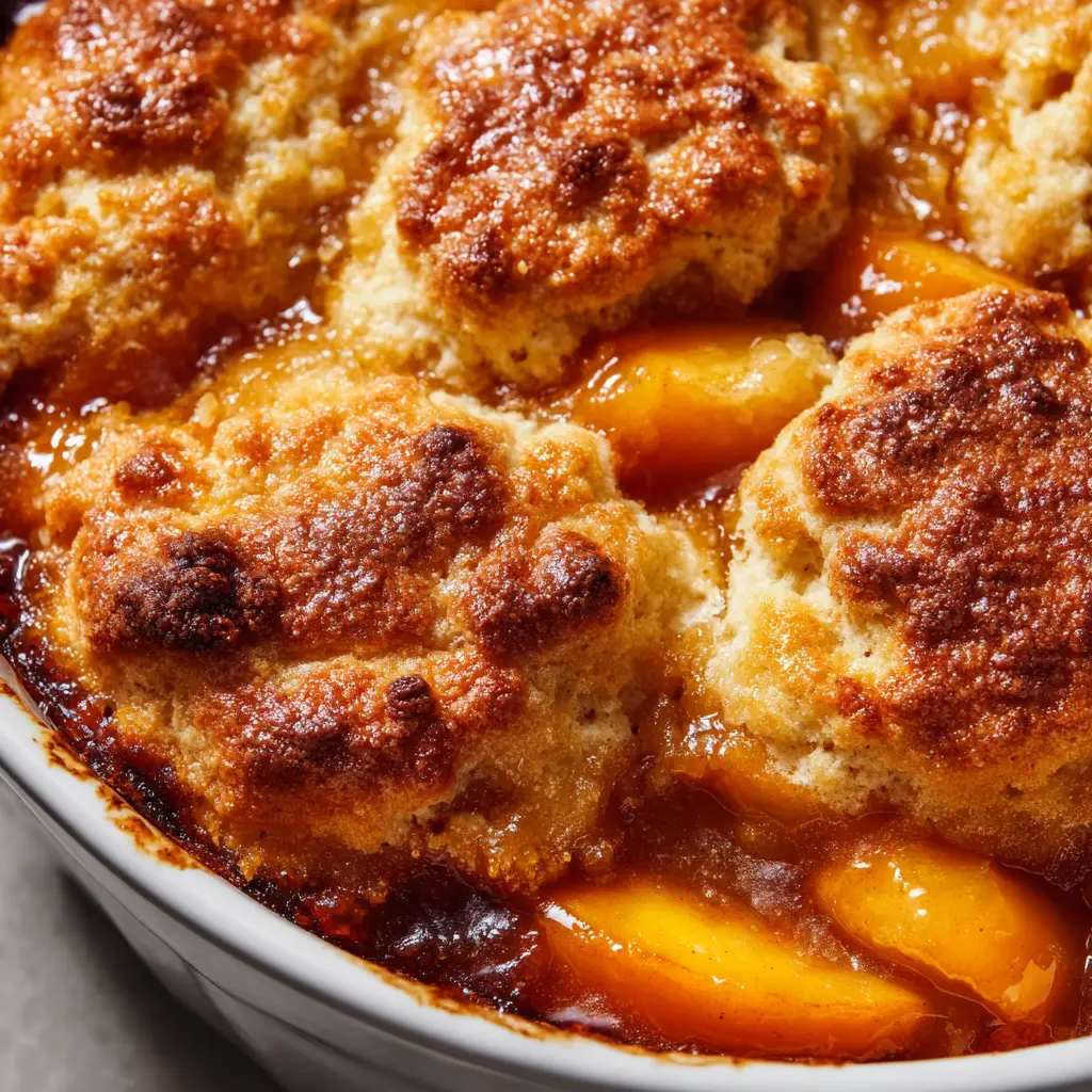 Easy Homemade Peach Cobbler Recipe (The Best!) 1 A spoonful of warm peach cobbler being lifted from a baking dish, with a scoop of vanilla ice cream melting on top.