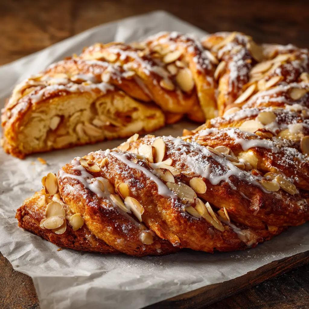 Almond Kringle Recipe (Authentic Danish Pastry) 1 A slice of freshly baked Danish Kringle on a plate, highlighting the flaky layers of the pastry and the generous almond filling.