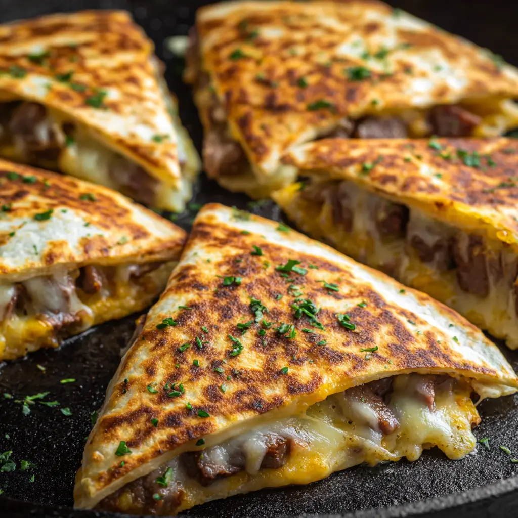 Blackstone Steak Quesadillas (The BEST Griddle Recipe!) 1 A cooked and sliced Blackstone Steak Quesadilla showing the melted cheese pull and the perfectly cooked steak and vegetable filling inside.