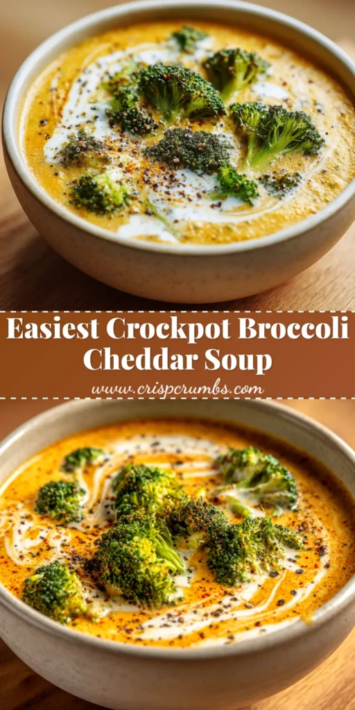 A bowl of creamy Slow Cooker Broccoli Cheddar Soup, garnished with extra cheese and broccoli florets. The perfect easy crockpot dinner recipe.