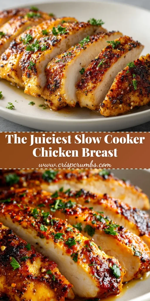 Slow Cooker Chicken Breast (The Easiest, Juiciest Recipe!) 4 The juiciest Slow Cooker Chicken Breast, perfectly seasoned and ready to be shredded. A simple, hands-off crockpot recipe for meal prep. | CrispCrumbs.com