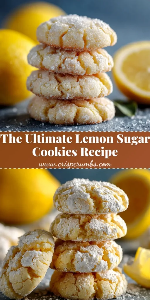 A stack of soft and chewy lemon sugar cookies on a white plate, with fresh lemons in the background. The cookies are coated in sparkling sugar.