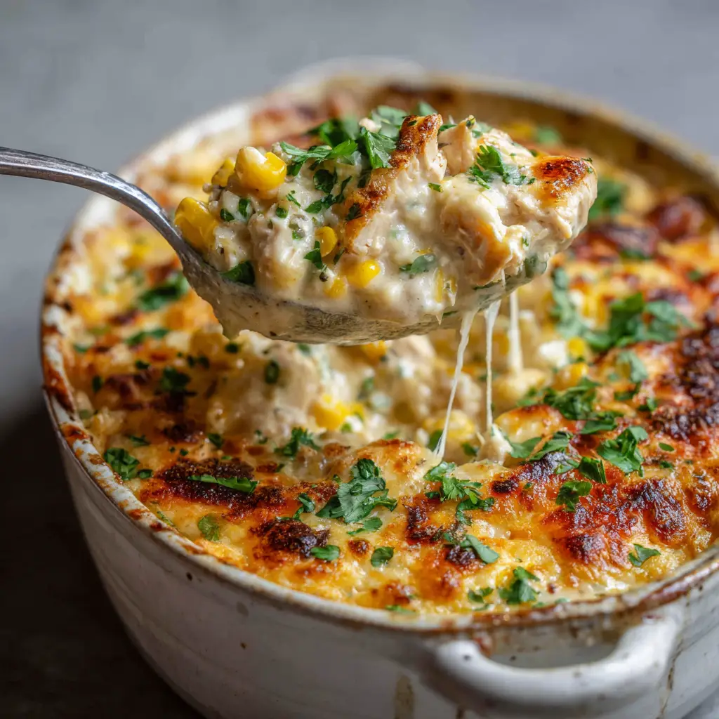 A serving of the street corn chicken bake on a plate, highlighting the layers of chicken, corn, and creamy sauce.