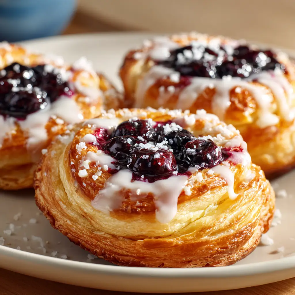 Several unbaked blueberry cream cheese danishes on a baking sheet, assembled and ready for the oven, with golden egg wash brushed on the puff pastry.