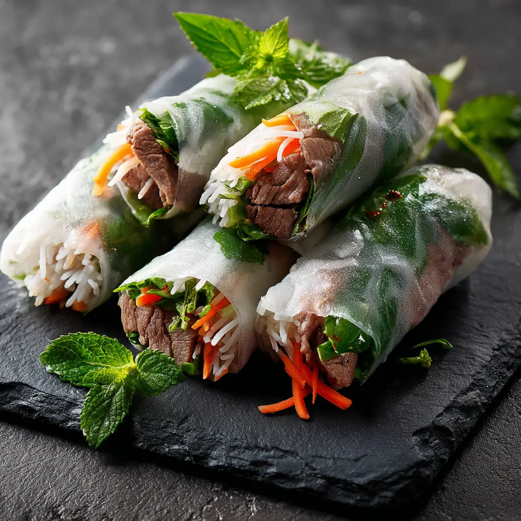 Thai Basil Beef Rolls (Fresh & Easy Recipe) 1 A close-up shot of a perfectly assembled Thai Basil Beef Roll showing the layers of beef, noodles, and vegetables.