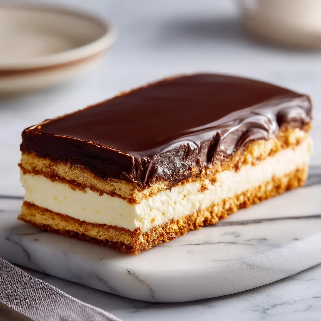 A 9x13 inch glass dish with the assembled no-bake eclair cake, showing the final layer of graham crackers before the chocolate frosting is added.