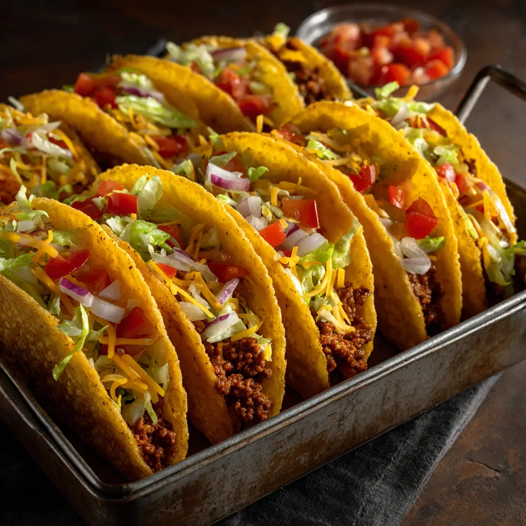 Oven-Baked Tacos (The Crispiest, Easiest Recipe!) 1 A close-up view of the savory ground beef taco filling being spooned into a crispy, pre-baked taco shell before going into the oven.