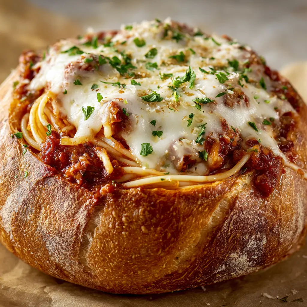 Spaghetti Garlic Bread Bowls: The Ultimate Comfort Food 1 A spoonful of rich spaghetti and meat sauce being added to a prepared garlic bread bowl before it goes into the oven.