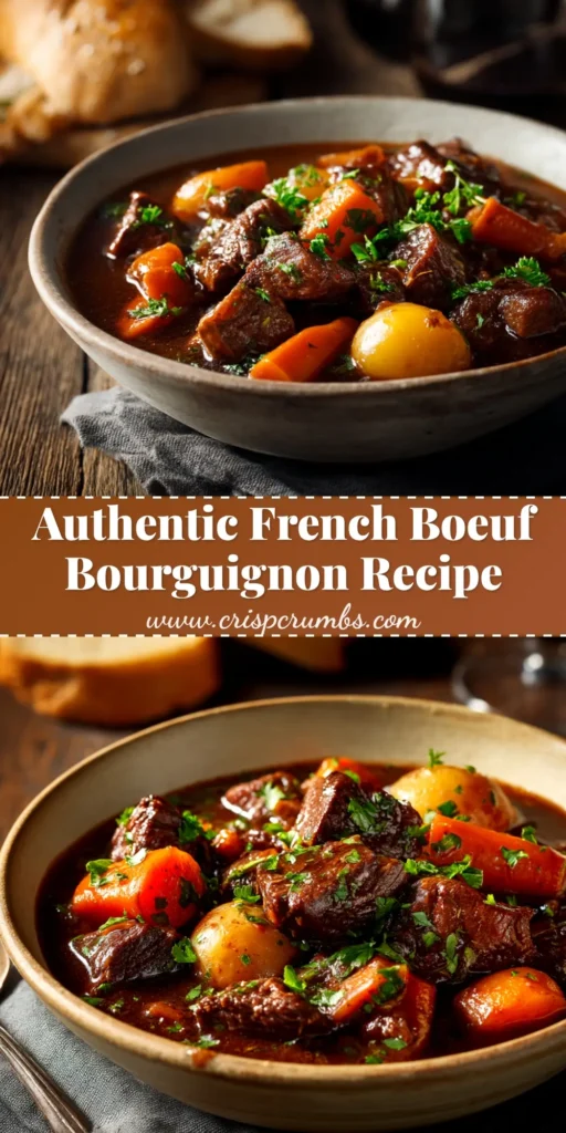 Boeuf Bourguignon: The Ultimate Recipe for Rich, Authentic Flavor 4 A rich and savory Boeuf Bourguignon served in a rustic bowl, showcasing tender beef, mushrooms, and carrots in a deep red wine sauce. The perfect authentic French recipe for a comforting dinner.