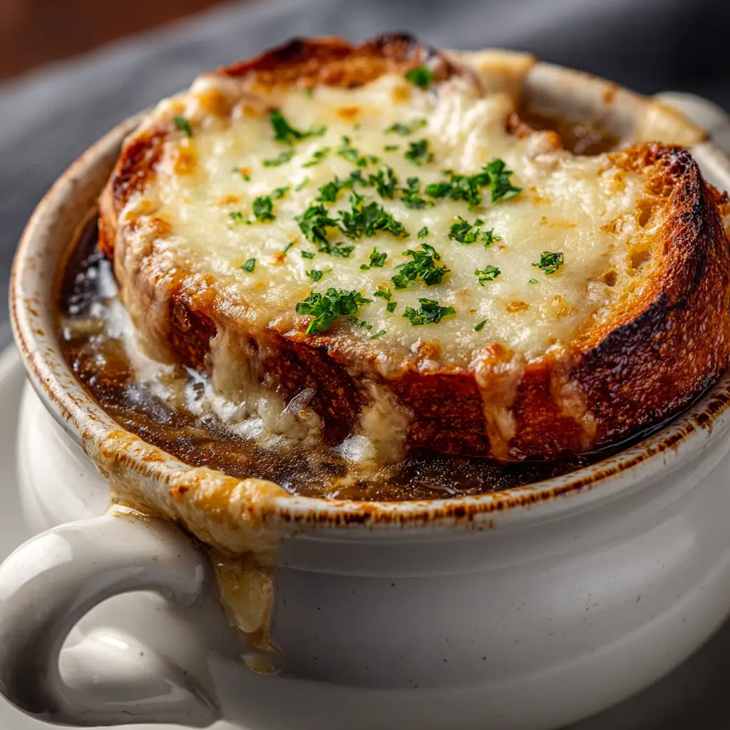 French Onion Soup: The Ultimate Recipe for Rich, Savory Flavor 1 A rustic, oven-safe bowl filled with rich, dark French Onion Soup and topped with a bubbly, golden-brown Gruyère cheese crust, ready to be served.